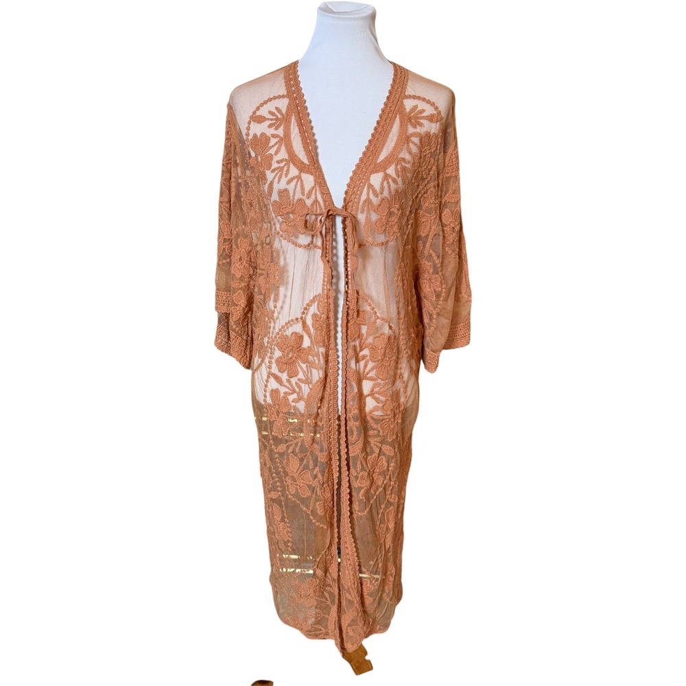 Unbranded Lace Duster Cardigan Womens OS Terracotta Floral Sheer Mesh Boho Tie